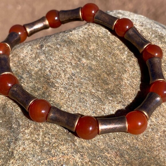 Wanderer and Gatherer Bracelet - Carnelian and Bamboo Brass Beads - Picture 3 of 5